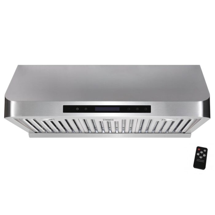 Awoco 30” Supreme 10” High Stainless Steel Under Cabinet Range Hood 4 Speeds, 8” Round Top Vent, 1000CFM 2 LED Lights, Remote Control & External Oil Collector (RH-S10-30E)