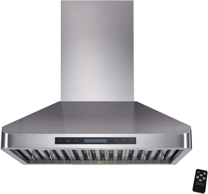 Awoco 30” Wall Mount 40"H Stainless Steel Range Hood 4 Speeds, 6” Round Top Vent 900CFM 2 LED Lights & Remote Control (RH-WT-30)