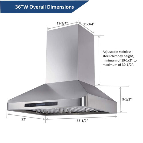 Awoco 36” Wall Mount 40"H Stainless Steel Range Hood 4 Speeds, 6” Round Top Vent 900CFM 2 LED Lights & Remote Control (RH-WT-36)